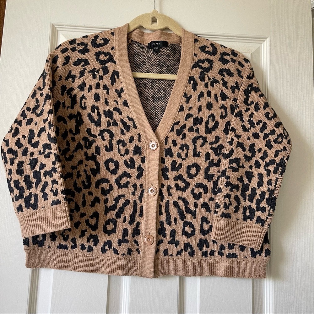 J Crew Animal Print Knit Merino Wool Crop Cardigan Sweater  Button Up Brown XXS
